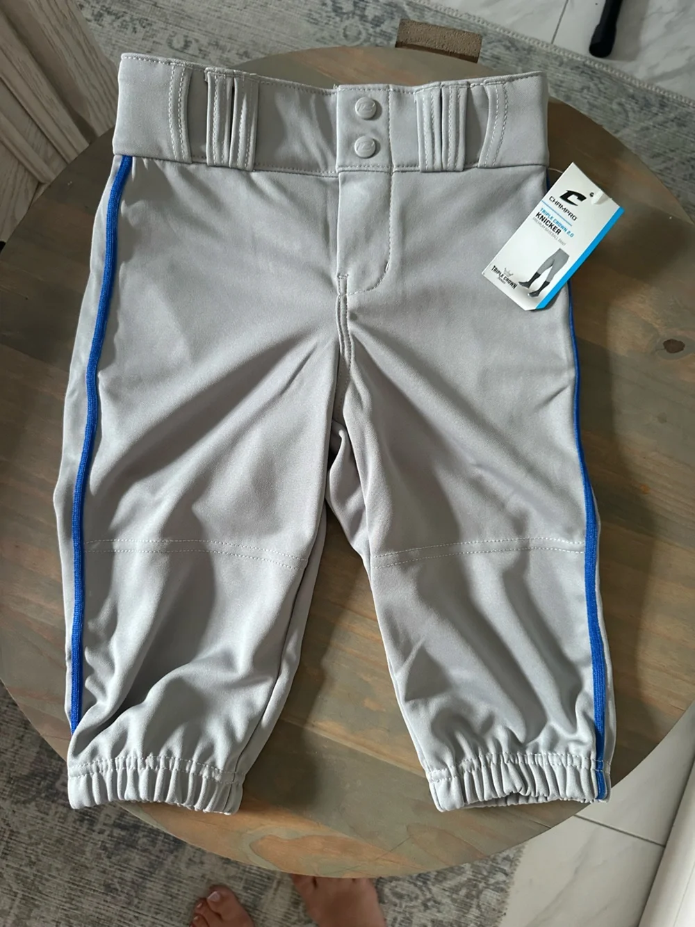 Kids Gray Baseball pants with Blue Side Stripe
